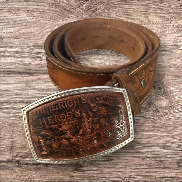 Vintage America’s Heroes Fire Dept Belt Buckle Tooled Leather Western Belt 41.5\